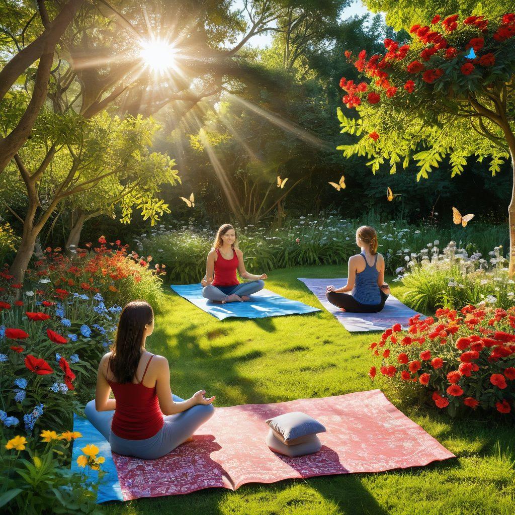 A serene landscape featuring a sunlit garden filled with colorful flowers and lush greenery, with a diverse group of people practicing mindfulness and joy, engaging in activities like yoga, meditation, and laughter. Soft, warm colors radiate positivity, and the background includes a shining sun and gentle butterfly fluttering around. super-realistic. vibrant colors. uplifting atmosphere.