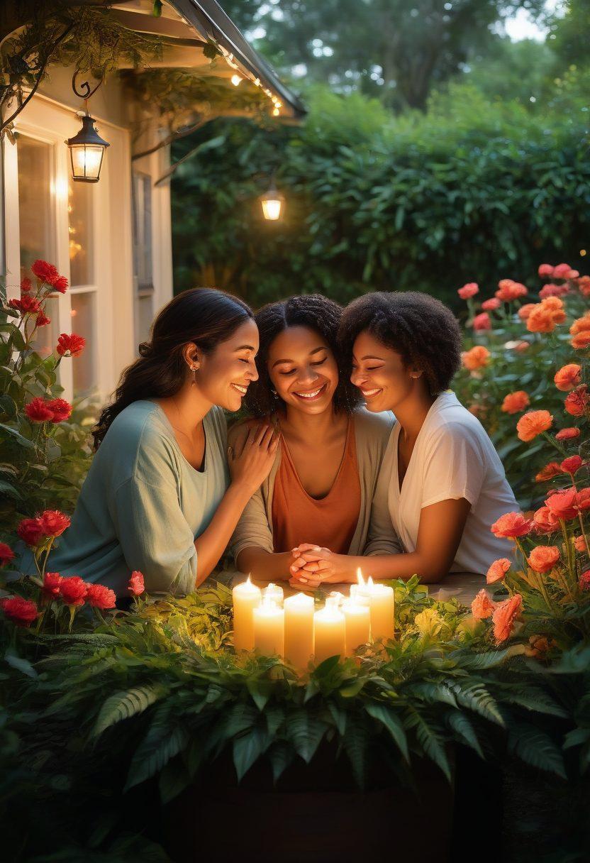 A warm and inviting scene of a diverse group of people gathered in a cozy outdoor setting, sharing laughter and hugs, surrounded by lush greenery and colorful flowers. In the foreground, a heart-shaped arrangement of candles symbolizes self-love, while a soft golden glow enhances the feeling of community and joy. Captivating expressions showcase the power of emotional support. vivid colors. super-realistic. uplifting atmosphere.