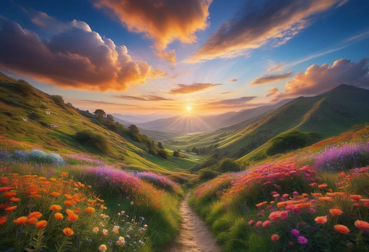 A serene landscape depicting a sunrise over a peaceful valley, with a diverse group of people engaging in joyful activities like yoga, meditation, and nature walks. There are blooming flowers and vibrant colors symbolizing positivity. The sky can have uplifting quotes subtly integrated into the clouds. super-realistic. vibrant colors. morning light.